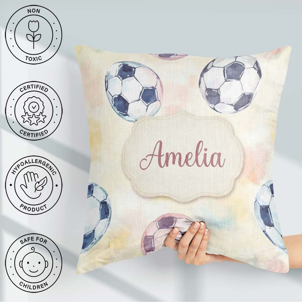 Custom Name Watercolor Soccer on Soft Pastel Background Seamless Square Filled Cushion Throw Pillow Sofa Bed Home Decor Zip Washable UK Made