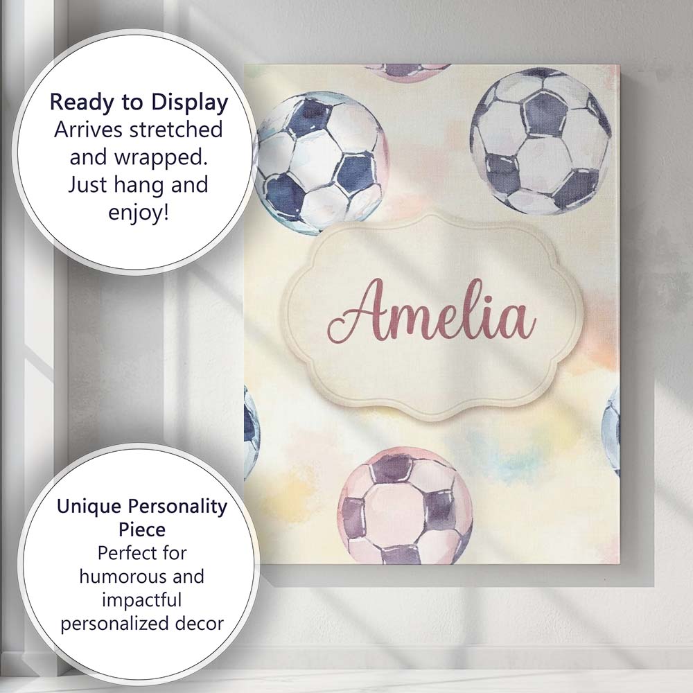 Personalised Name Watercolor Soccer Balls Custom  Unique Gift Idea Elegant Feature Canvas Wall Art Print Decor Picture Ready to Hang