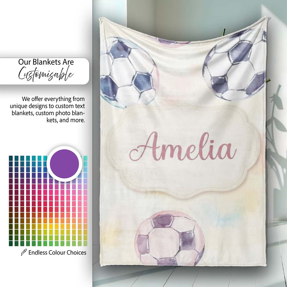 Watercolor Soccer Balls on Soft Pastel Background Seamless Pattern  Personalised Custom Name Super Soft Fleece Blanket Bed Sofa Throw