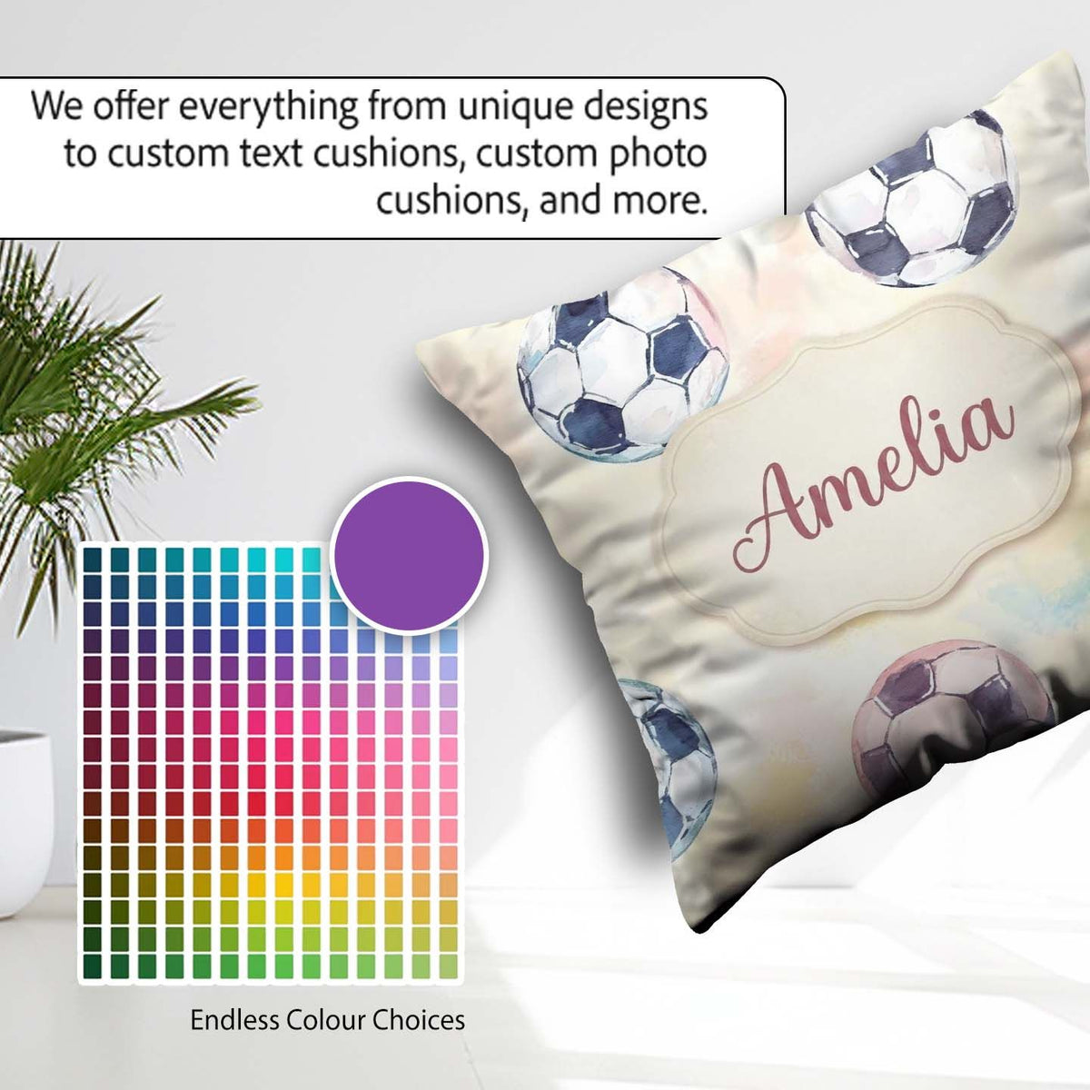Custom Name Watercolor Soccer on Soft Pastel Background Seamless Square Filled Cushion Throw Pillow Sofa Bed Home Decor Zip Washable UK Made
