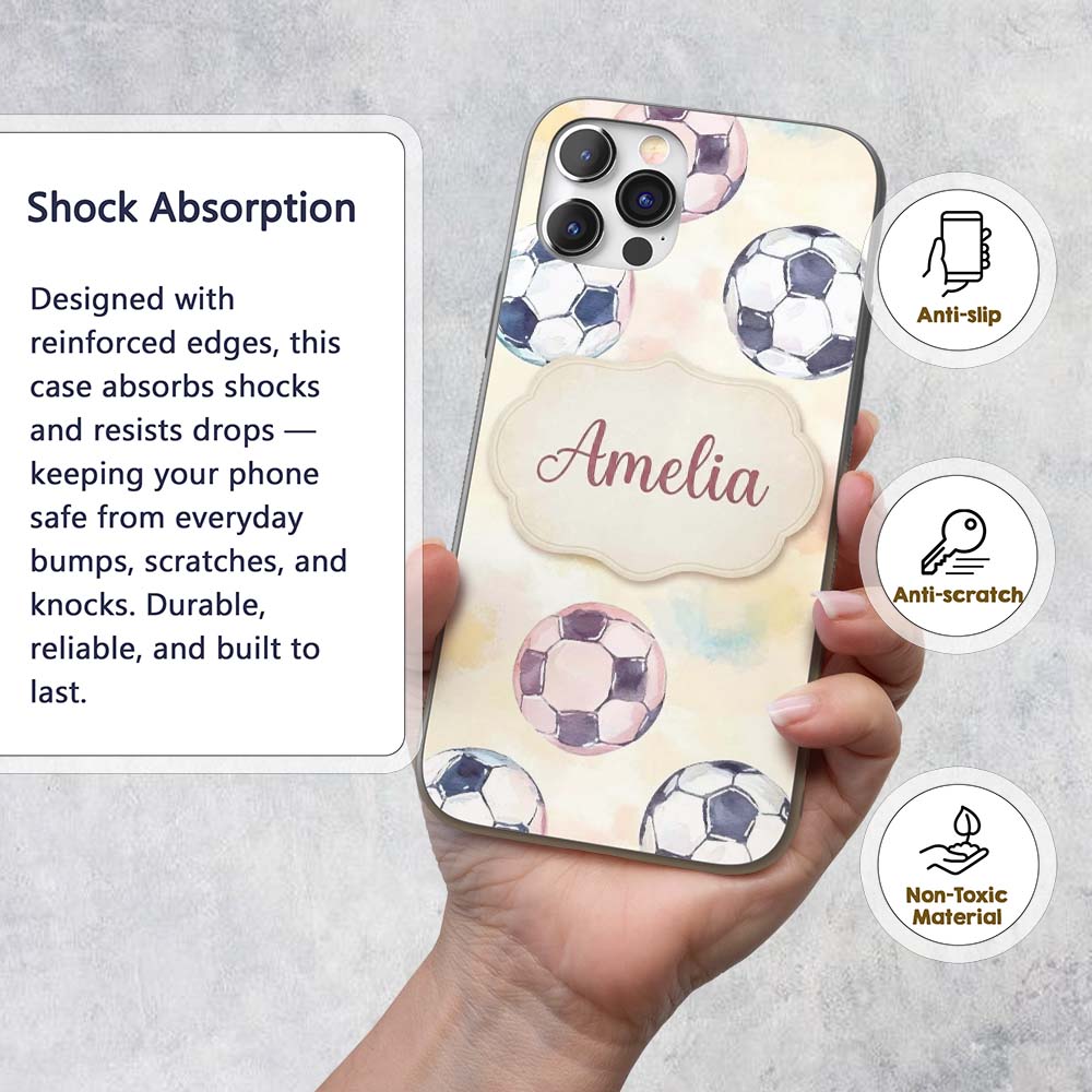 Watercolor Soccer Balls on Soft Pastel Background Custom Name Protective Phone Case Mobile Cover Durable Everyday Smartphone Shock Resistant