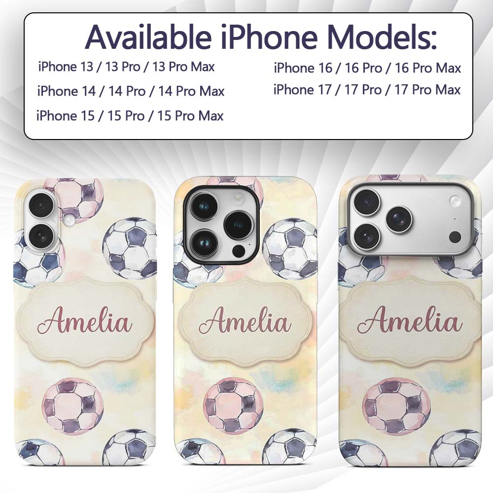 Watercolor Soccer Balls on Soft Pastel Background Custom Name Protective Phone Case Mobile Cover Durable Everyday Smartphone Shock Resistant