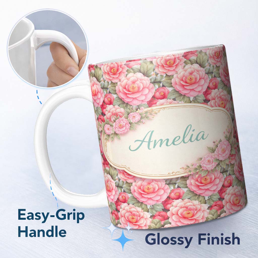 Personalized Custom Name Watercolor Pink Camellia Floral Seamless Pattern Cute Unique Gift 11oz Ceramic Coffee Tea Mug White Large Handle