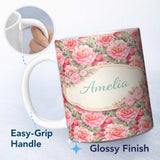 Personalized Custom Name Watercolor Pink Camellia Floral Seamless Pattern Cute Unique Gift 11oz Ceramic Coffee Tea Mug White Large Handle