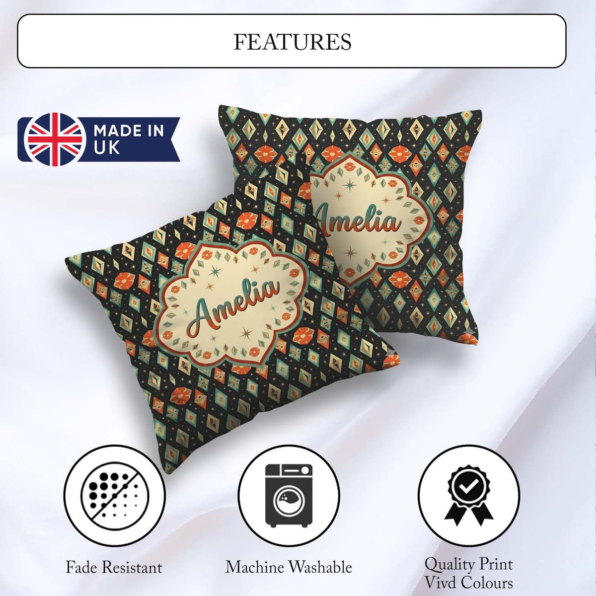 Custom Name Diamond Star Seamless Pattern on Black Beautiful Cup Square Filled Cushion Throw Pillow Sofa Bed Home Decor Zip Washable UK Made