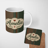 Personalized Custom Name Rustic Brown Green Tartan Plaid Texture Seamless Pattern Name Cute 11oz Ceramic Coffee Tea Mug White Large Handle