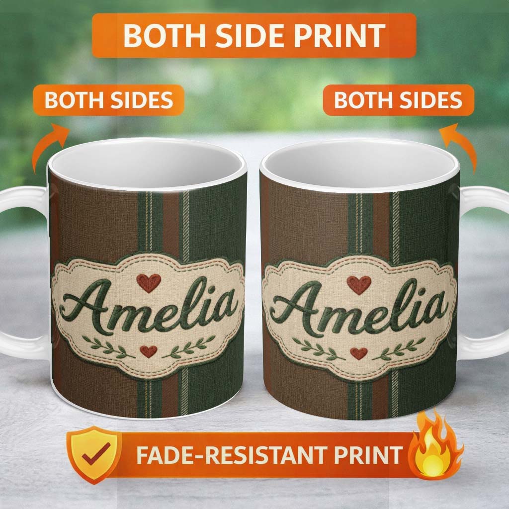 Personalized Custom Name Rustic Brown Green Tartan Plaid Texture Seamless Pattern Name Cute 11oz Ceramic Coffee Tea Mug White Large Handle