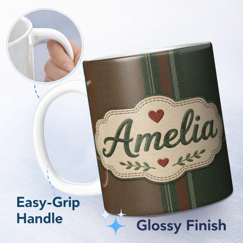 Personalized Custom Name Rustic Brown Green Tartan Plaid Texture Seamless Pattern Name Cute 11oz Ceramic Coffee Tea Mug White Large Handle
