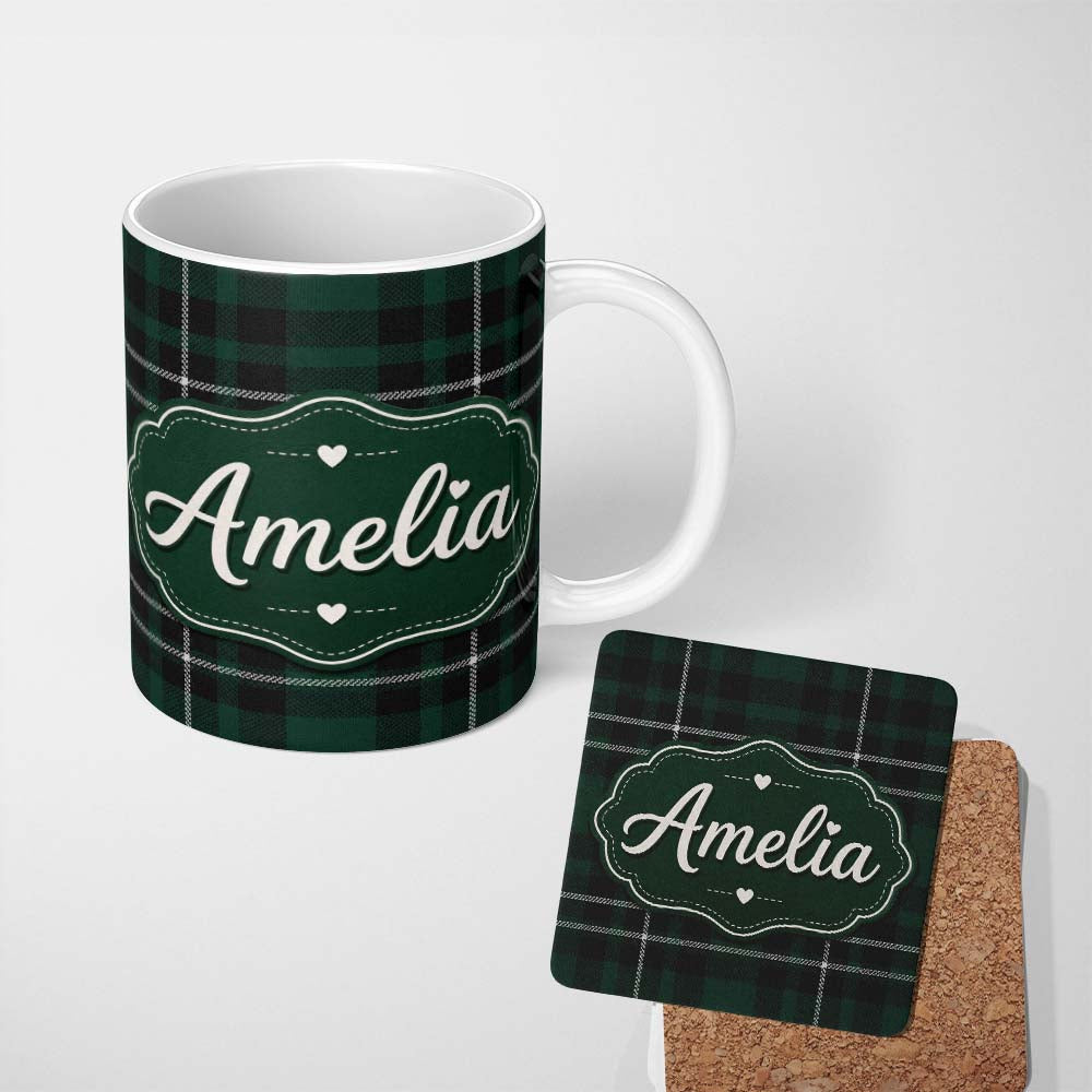Personalized Custom Name Dark Green Black Classic Tartan Plaid Texture Seamless Pattern Name 11oz Ceramic Coffee Tea Mug White Large Handle