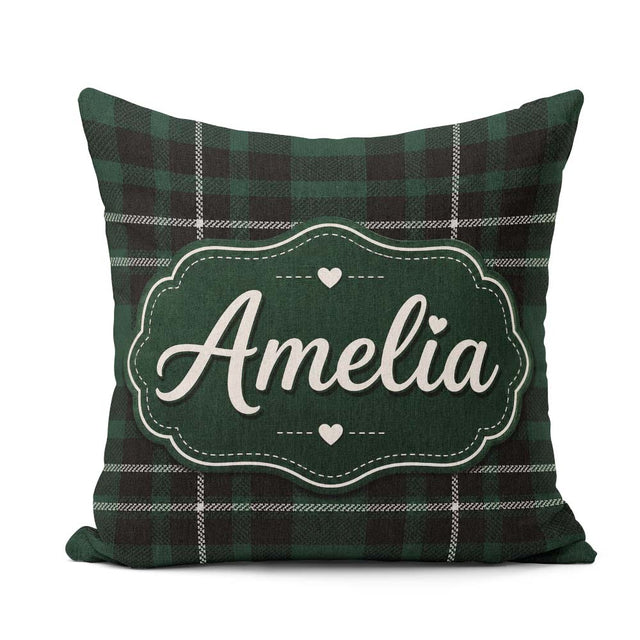 Custom Name Dark Green Black Classic Plaid Texture Seamless Name Square Filled Cushion Throw Pillow Sofa Bed Home Decor Zip Washable UK Made