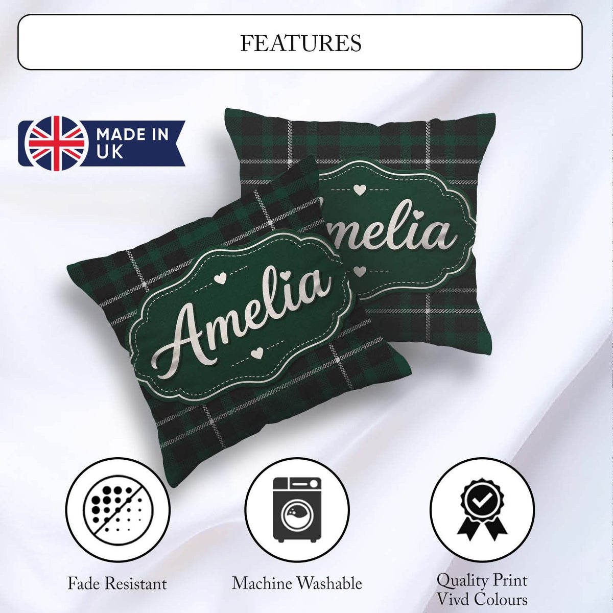 Custom Name Dark Green Black Classic Plaid Texture Seamless Name Square Filled Cushion Throw Pillow Sofa Bed Home Decor Zip Washable UK Made