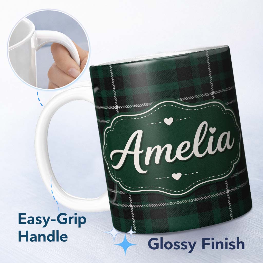 Personalized Custom Name Dark Green Black Classic Tartan Plaid Texture Seamless Pattern Name 11oz Ceramic Coffee Tea Mug White Large Handle