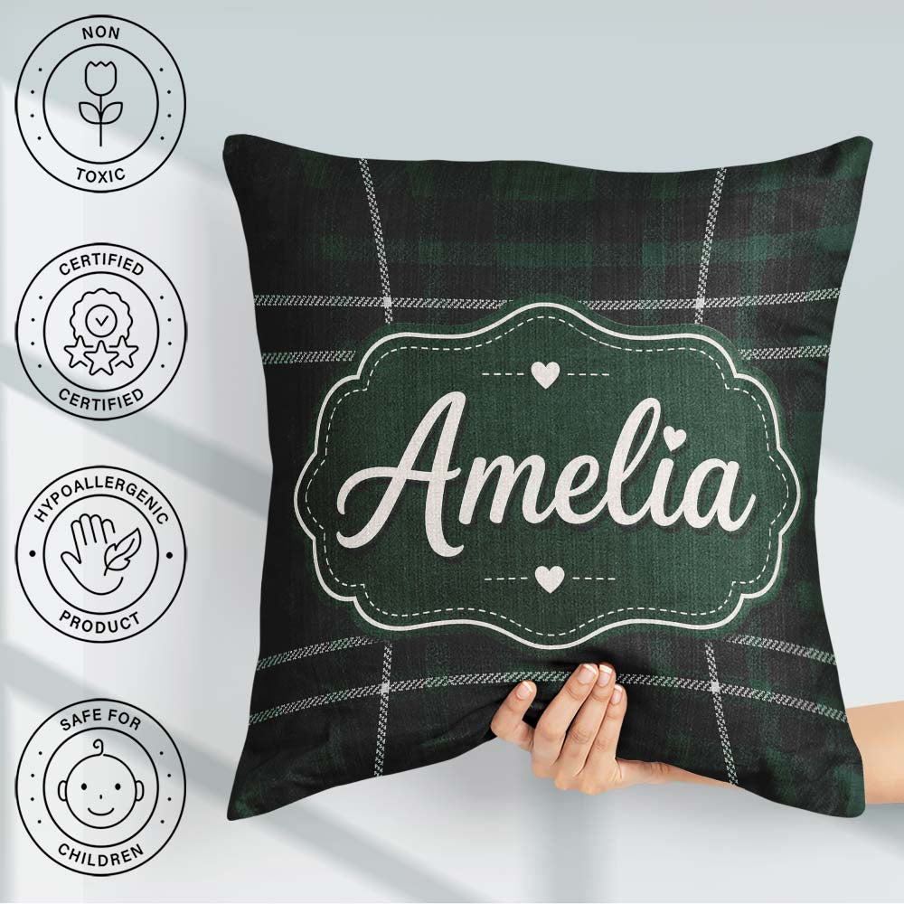 Custom Name Dark Green Black Classic Plaid Texture Seamless Name Square Filled Cushion Throw Pillow Sofa Bed Home Decor Zip Washable UK Made