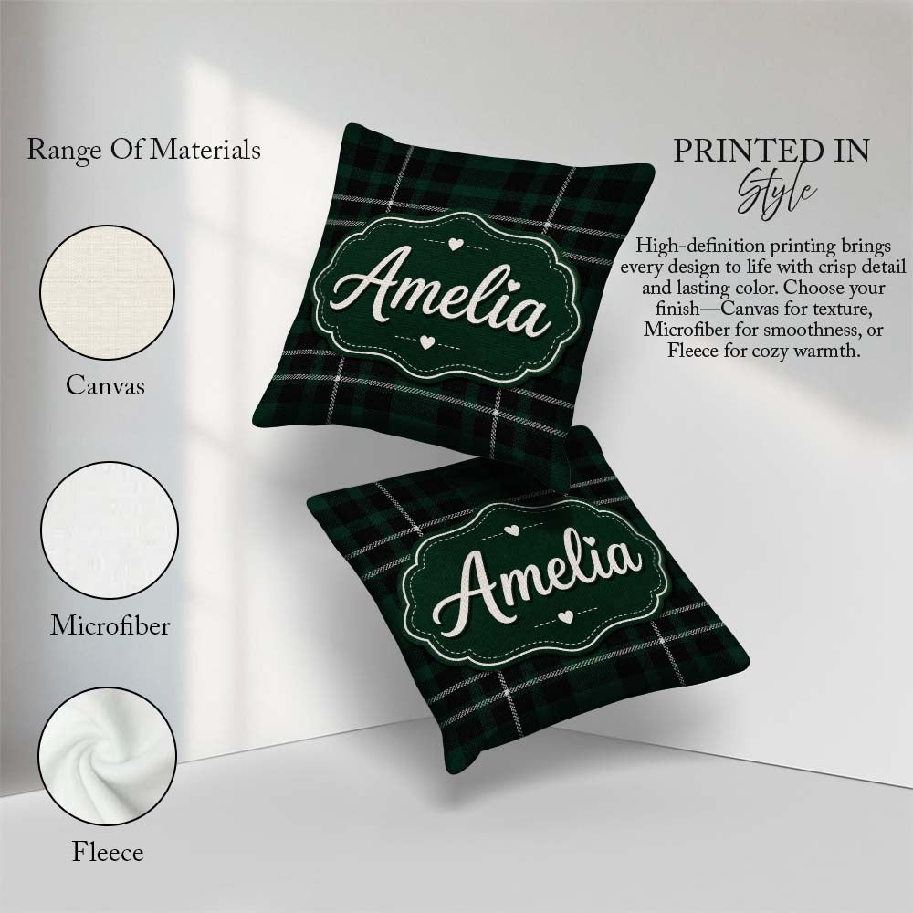 Custom Name Dark Green Black Classic Plaid Texture Seamless Name Square Filled Cushion Throw Pillow Sofa Bed Home Decor Zip Washable UK Made