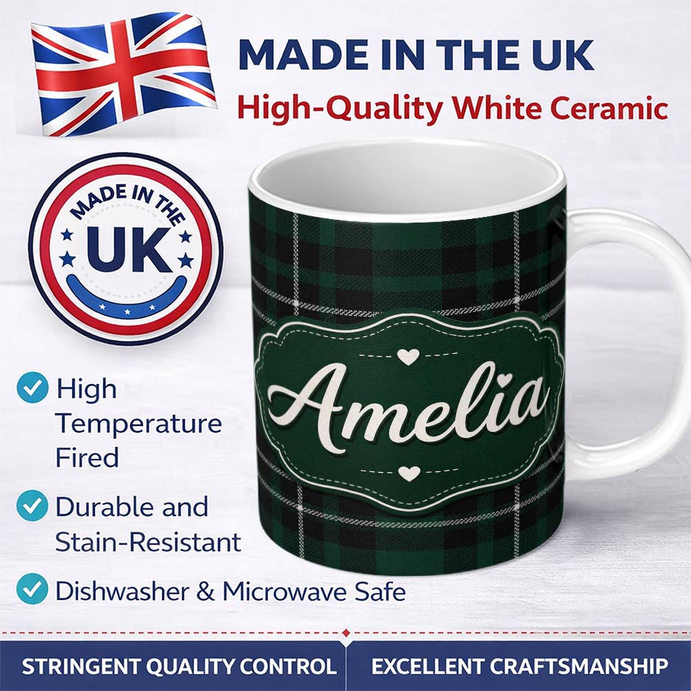 Personalized Custom Name Dark Green Black Classic Tartan Plaid Texture Seamless Pattern Name 11oz Ceramic Coffee Tea Mug White Large Handle