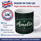 Personalized Custom Name Dark Green Black Classic Tartan Plaid Texture Seamless Pattern Name 11oz Ceramic Coffee Tea Mug White Large Handle