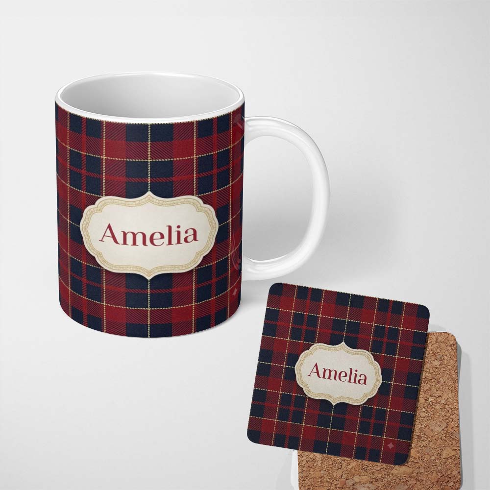Personalized Custom Name Red Navy Traditional Tartan Plaid Texture Seamless Pattern Name Cute 11oz Ceramic Coffee Tea Mug White Large Handle