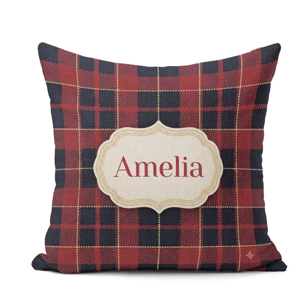 Custom Name Red Navy Tartan Plaid Texture Seamless Pattern Name Square Filled Cushion Throw Pillow Sofa Bed Home Decor Zip Washable UK Made