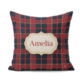 Custom Name Red Navy Tartan Plaid Texture Seamless Pattern Name Square Filled Cushion Throw Pillow Sofa Bed Home Decor Zip Washable UK Made