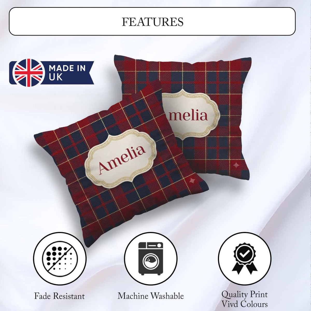 Custom Name Red Navy Tartan Plaid Texture Seamless Pattern Name Square Filled Cushion Throw Pillow Sofa Bed Home Decor Zip Washable UK Made