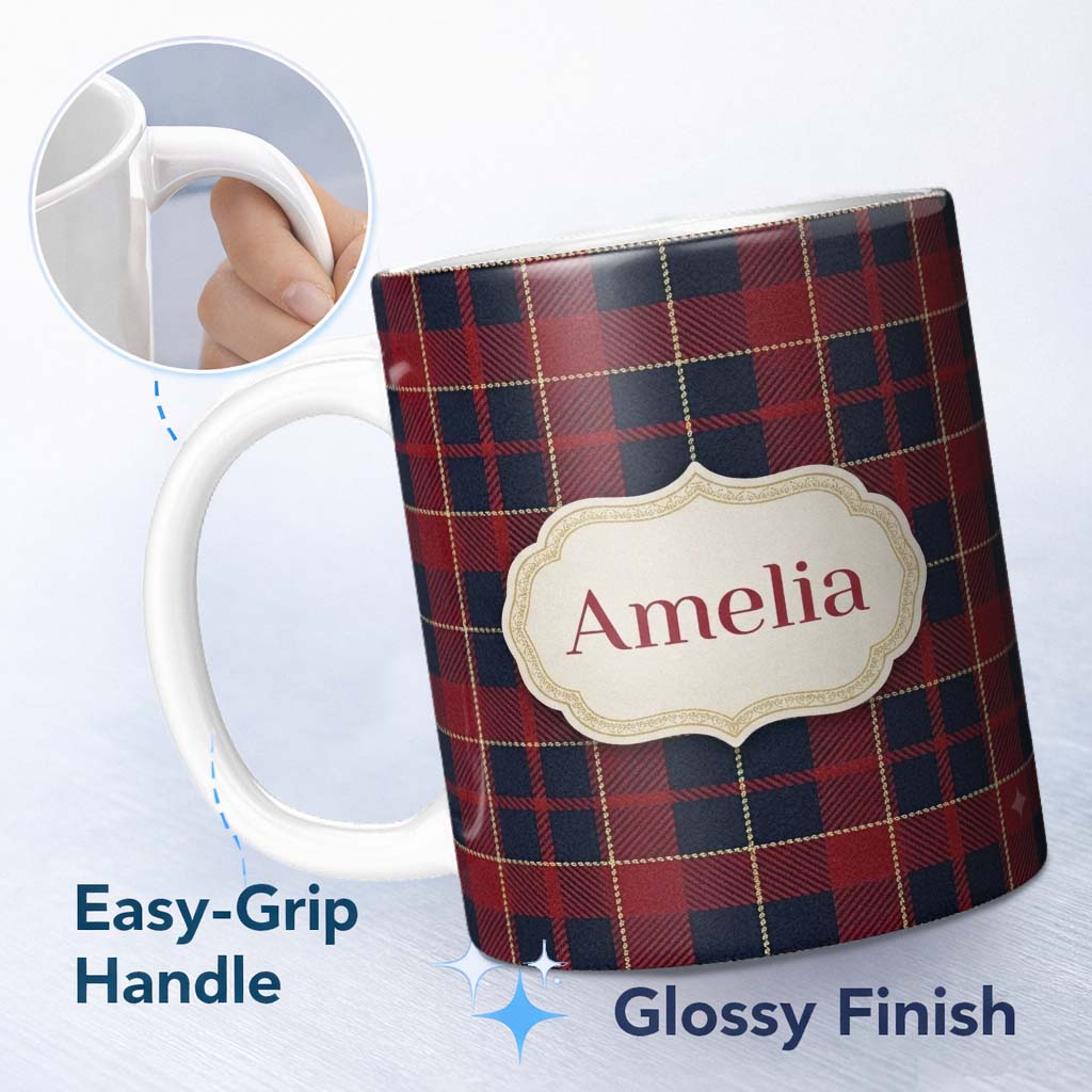 Personalized Custom Name Red Navy Traditional Tartan Plaid Texture Seamless Pattern Name Cute 11oz Ceramic Coffee Tea Mug White Large Handle