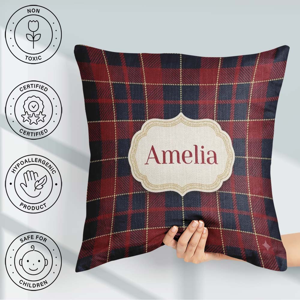 Custom Name Red Navy Tartan Plaid Texture Seamless Pattern Name Square Filled Cushion Throw Pillow Sofa Bed Home Decor Zip Washable UK Made