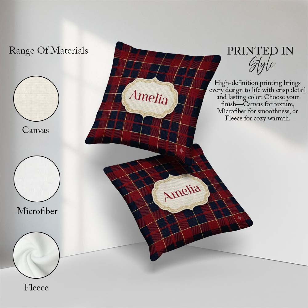Custom Name Red Navy Tartan Plaid Texture Seamless Pattern Name Square Filled Cushion Throw Pillow Sofa Bed Home Decor Zip Washable UK Made