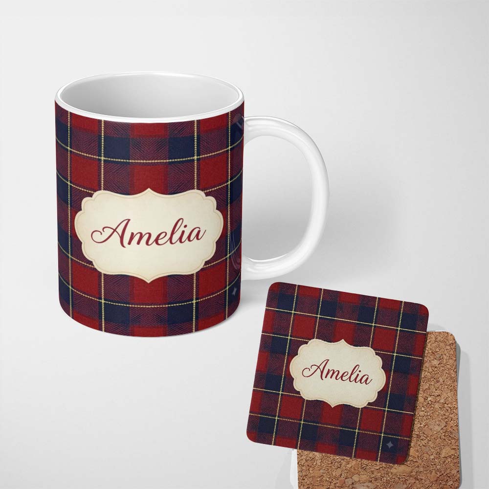 Personalized Custom Name Deep Red Blue Classic Check Tartan Texture Seamless Pattern Name 11oz Ceramic Coffee Tea Mug White Large Handle