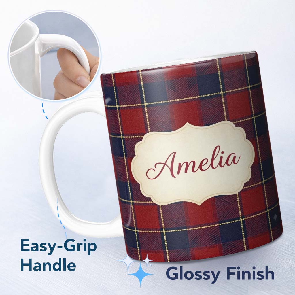 Personalized Custom Name Deep Red Blue Classic Check Tartan Texture Seamless Pattern Name 11oz Ceramic Coffee Tea Mug White Large Handle