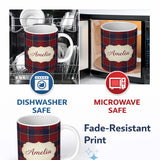 Personalized Custom Name Deep Red Blue Classic Check Tartan Texture Seamless Pattern Name 11oz Ceramic Coffee Tea Mug White Large Handle
