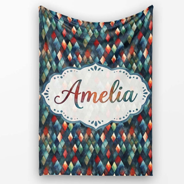 Dark Abstract Diamond Seamless Pattern in Blue Red Cute Unique Gift  Personalised Custom Name Super Soft Fleece Blanket Bed Sofa Throw