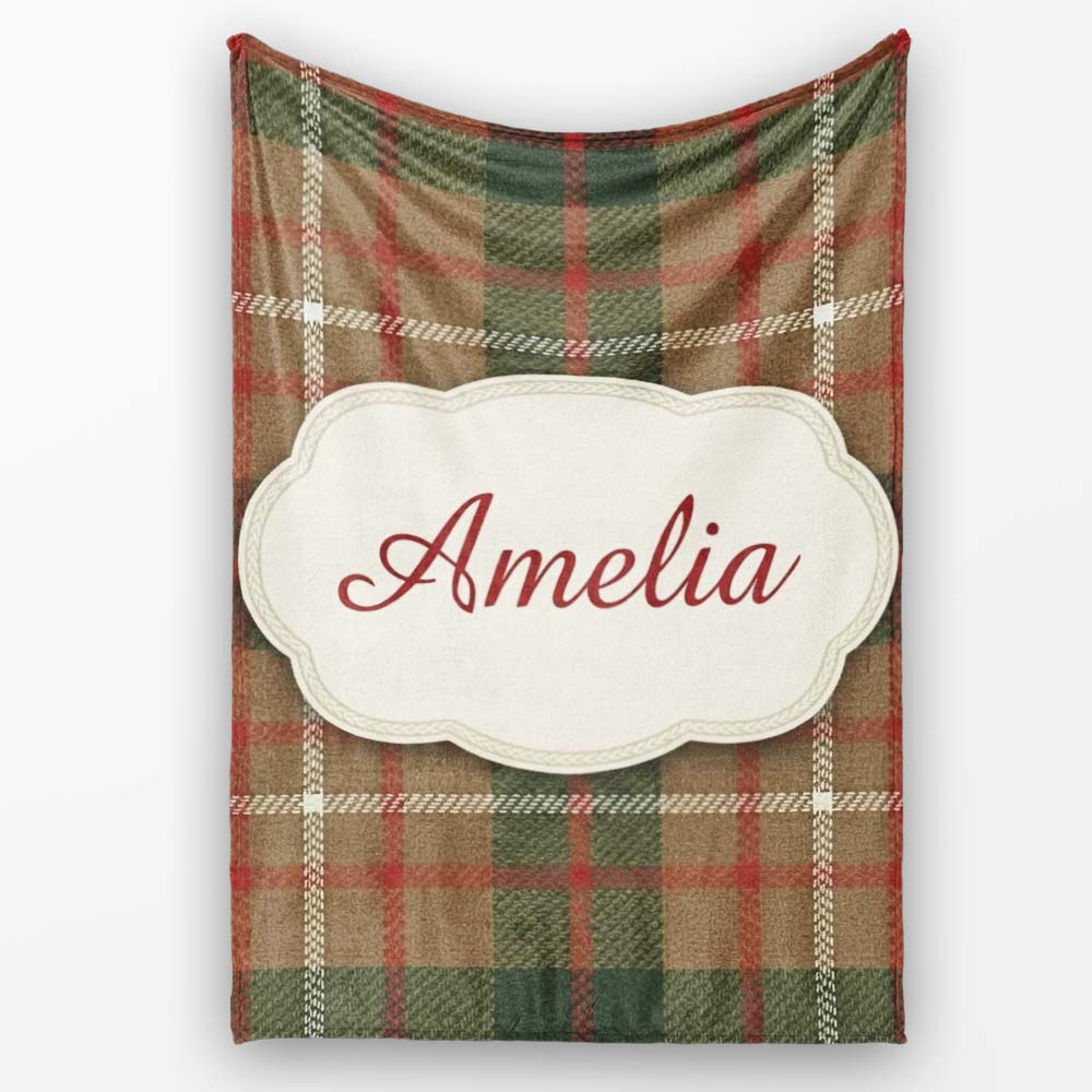 Earthy Brown Green Heritage Tartan Plaid Texture Seamless Pattern  Personalised Custom Name Super Soft Fleece Blanket Bed Sofa Throw