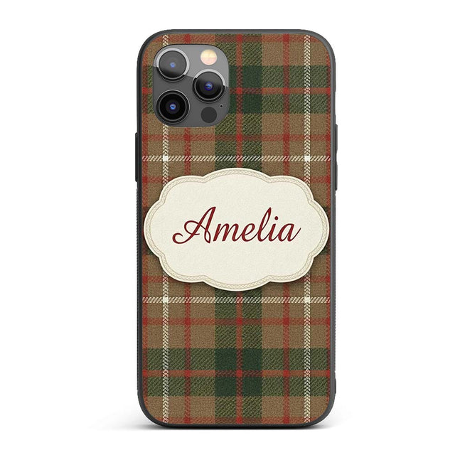 Earthy Brown Green Heritage Tartan Plaid Texture Custom Name Protective Phone Case Mobile Cover Durable Everyday Smartphone Shock Resistant