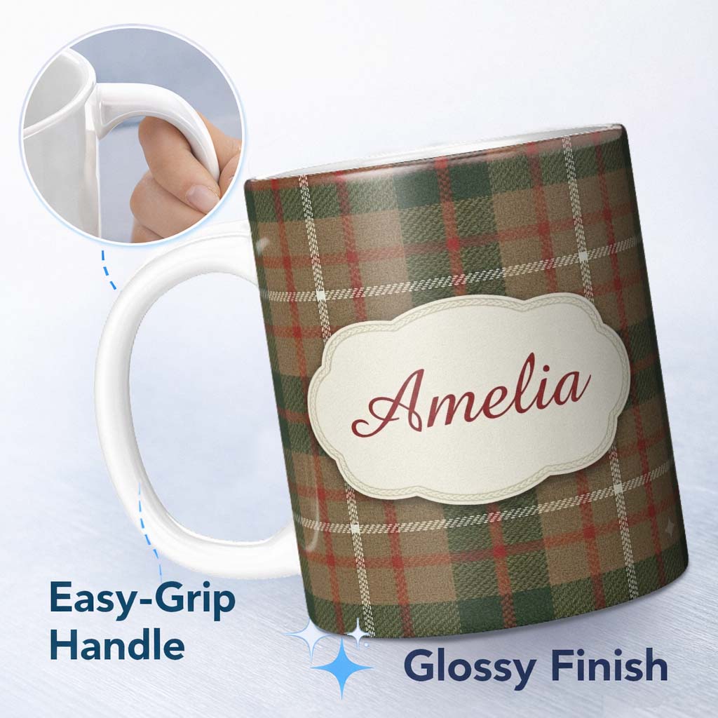 Personalized Custom Name Earthy Brown Green Heritage Tartan Plaid Texture Seamless Pattern 11oz Ceramic Coffee Tea Mug White Large Handle