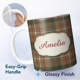 Personalized Custom Name Earthy Brown Green Heritage Tartan Plaid Texture Seamless Pattern 11oz Ceramic Coffee Tea Mug White Large Handle
