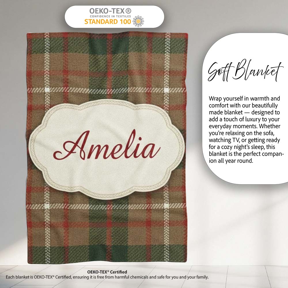Earthy Brown Green Heritage Tartan Plaid Texture Seamless Pattern  Personalised Custom Name Super Soft Fleece Blanket Bed Sofa Throw