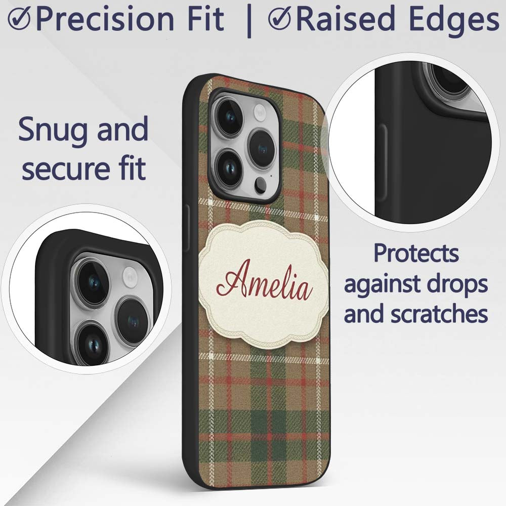 Earthy Brown Green Heritage Tartan Plaid Texture Custom Name Protective Phone Case Mobile Cover Durable Everyday Smartphone Shock Resistant