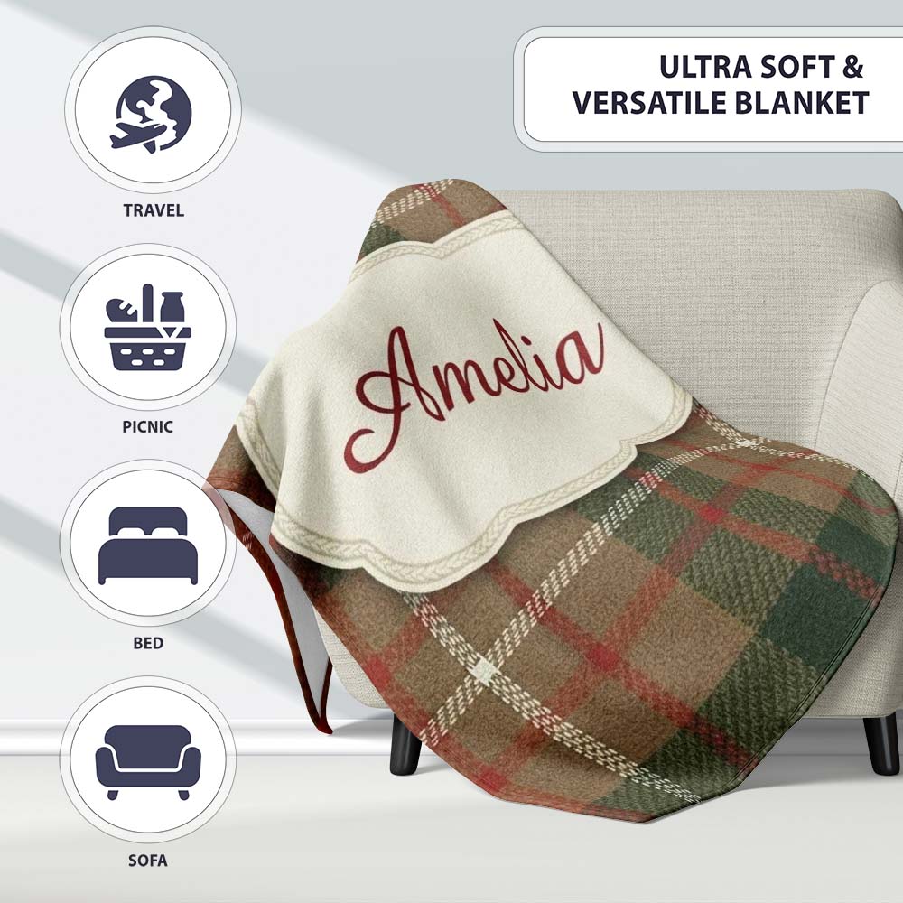 Earthy Brown Green Heritage Tartan Plaid Texture Seamless Pattern  Personalised Custom Name Super Soft Fleece Blanket Bed Sofa Throw