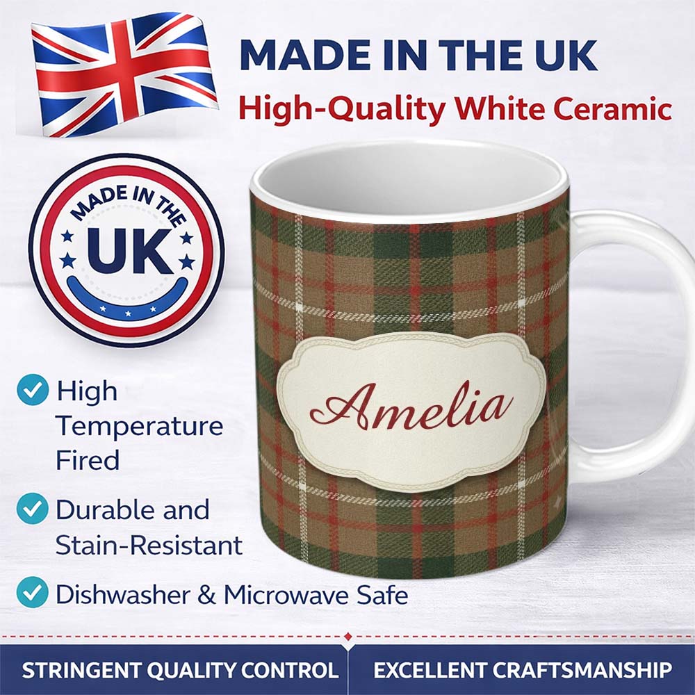 Personalized Custom Name Earthy Brown Green Heritage Tartan Plaid Texture Seamless Pattern 11oz Ceramic Coffee Tea Mug White Large Handle