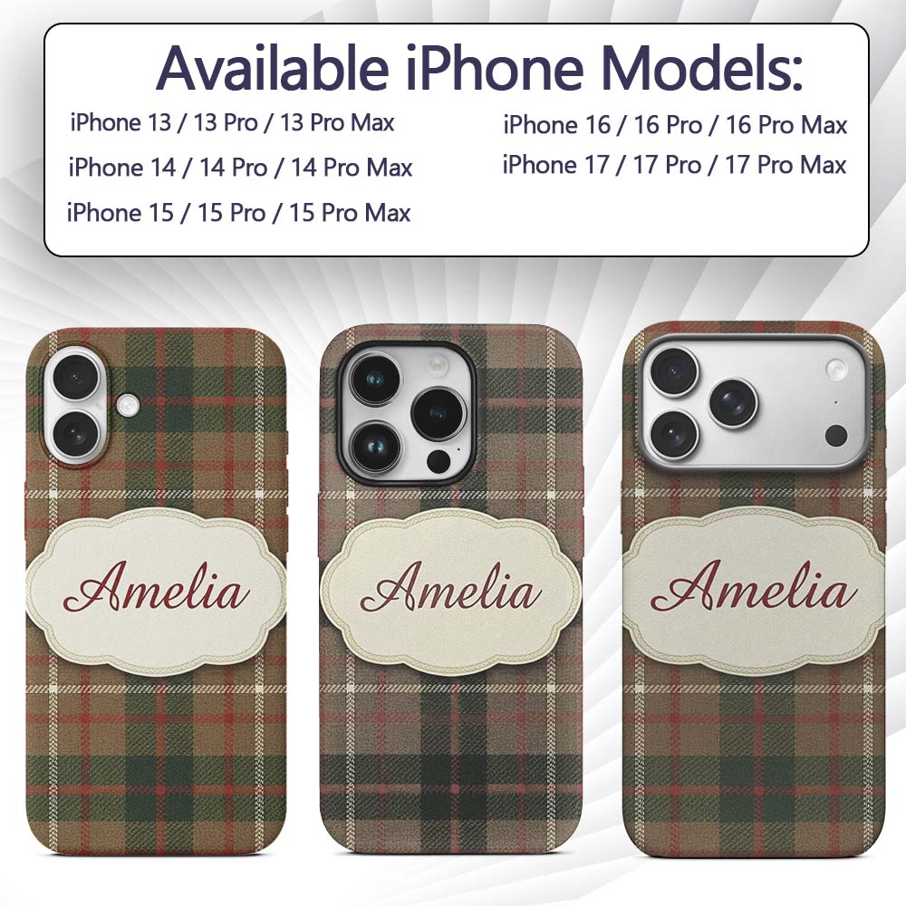Earthy Brown Green Heritage Tartan Plaid Texture Custom Name Protective Phone Case Mobile Cover Durable Everyday Smartphone Shock Resistant