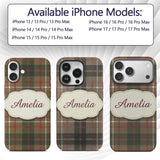 Earthy Brown Green Heritage Tartan Plaid Texture Custom Name Protective Phone Case Mobile Cover Durable Everyday Smartphone Shock Resistant