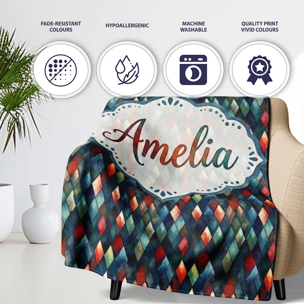 Dark Abstract Diamond Seamless Pattern in Blue Red Cute Unique Gift  Personalised Custom Name Super Soft Fleece Blanket Bed Sofa Throw