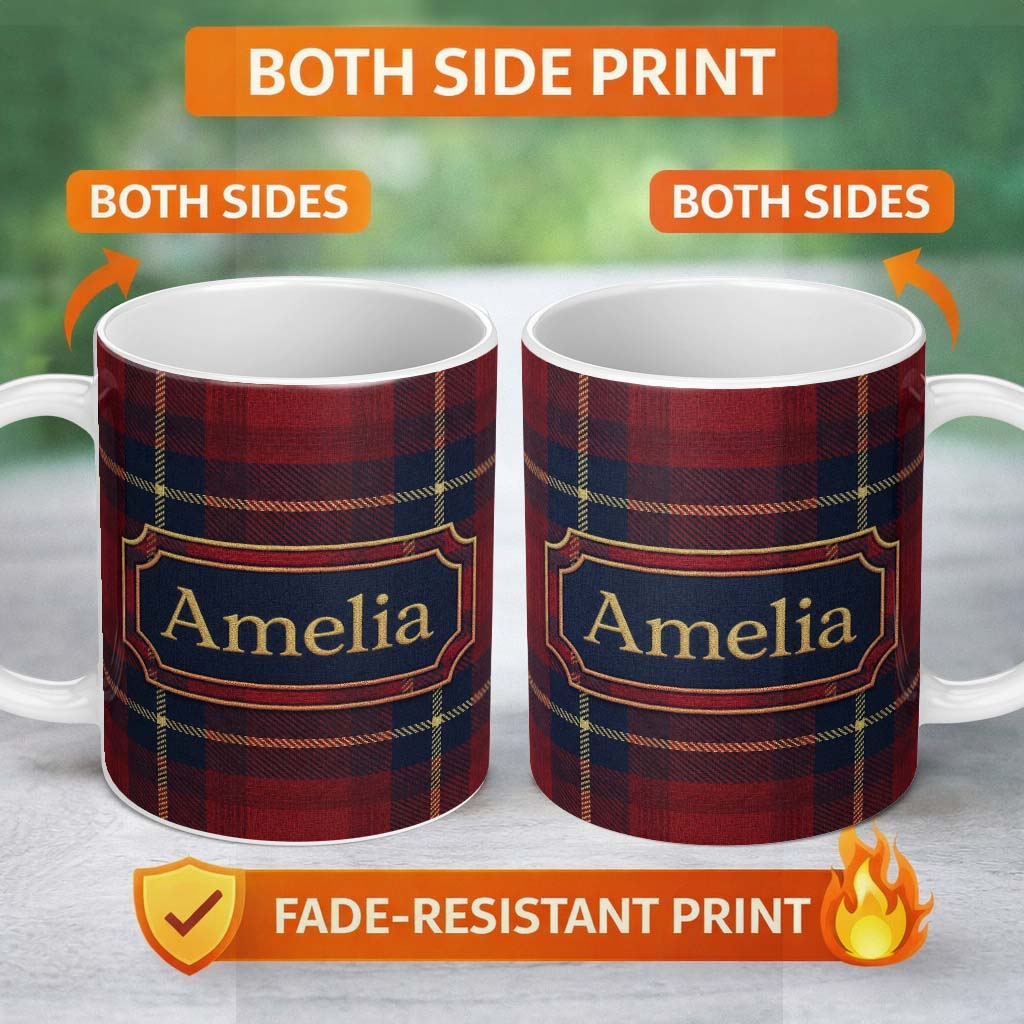 Personalized Custom Name Rich Red Navy Wool Style Tartan Plaid Texture Seamless Pattern Name 11oz Ceramic Coffee Tea Mug White Large Handle