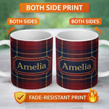 Personalized Custom Name Rich Red Navy Wool Style Tartan Plaid Texture Seamless Pattern Name 11oz Ceramic Coffee Tea Mug White Large Handle