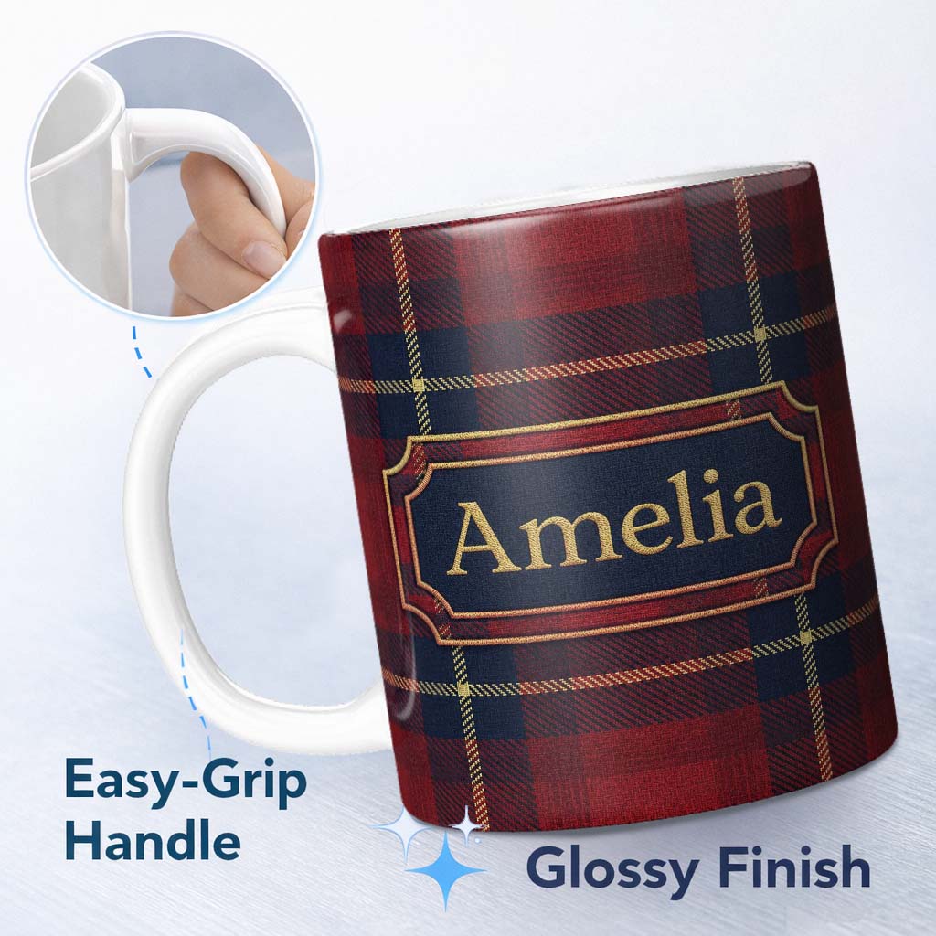 Personalized Custom Name Rich Red Navy Wool Style Tartan Plaid Texture Seamless Pattern Name 11oz Ceramic Coffee Tea Mug White Large Handle