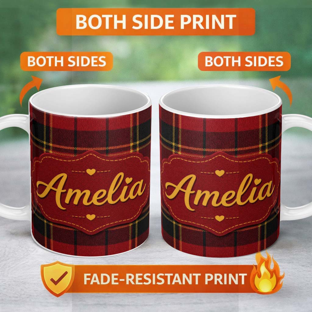 Personalized Custom Name Bold Red Black Classic Tartan Plaid Texture Seamless Pattern Name 11oz Ceramic Coffee Tea Mug White Large Handle