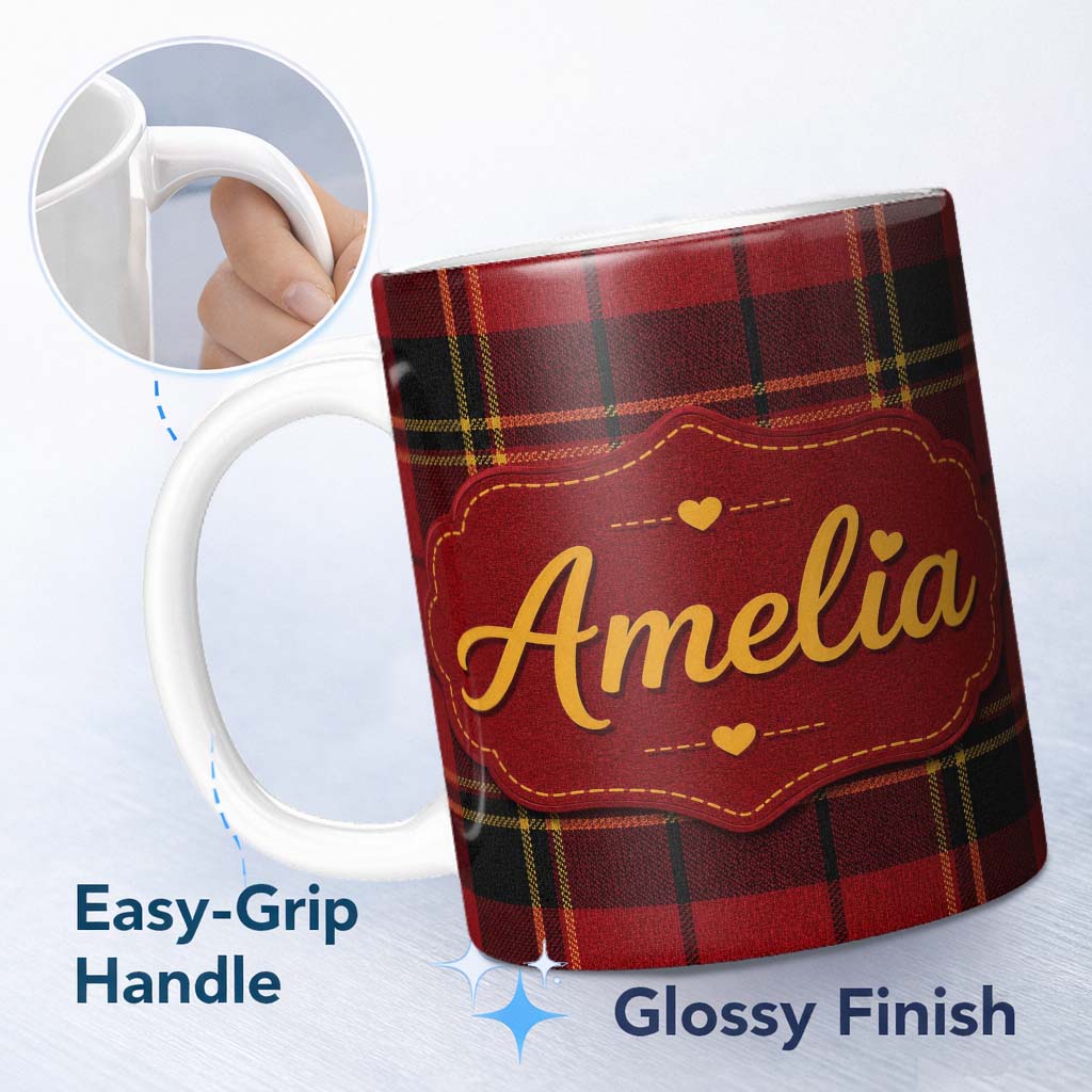 Personalized Custom Name Bold Red Black Classic Tartan Plaid Texture Seamless Pattern Name 11oz Ceramic Coffee Tea Mug White Large Handle