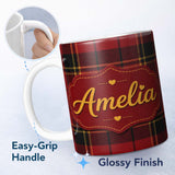 Personalized Custom Name Bold Red Black Classic Tartan Plaid Texture Seamless Pattern Name 11oz Ceramic Coffee Tea Mug White Large Handle