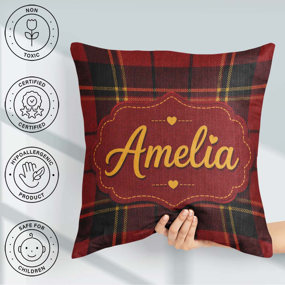 Custom Name Bold Red Black Classic Tartan Plaid Texture Seamless Square Filled Cushion Throw Pillow Sofa Bed Home Decor Zip Washable UK Made