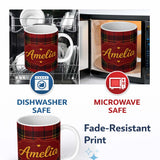Personalized Custom Name Bold Red Black Classic Tartan Plaid Texture Seamless Pattern Name 11oz Ceramic Coffee Tea Mug White Large Handle